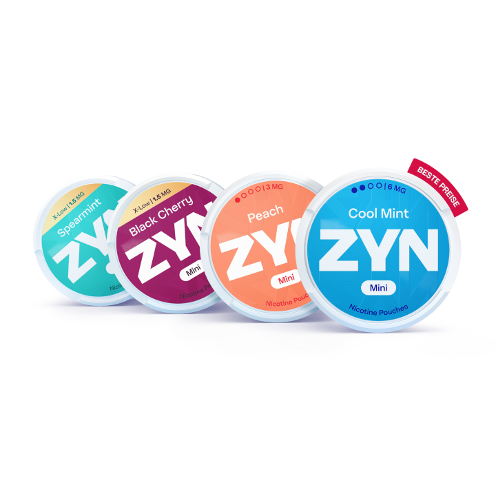Vier geschlossene ZYN Mini Dosen (Spearmint – hellblau, Black Cherry – rot, Peach – orange, Cool Mint – blau) 