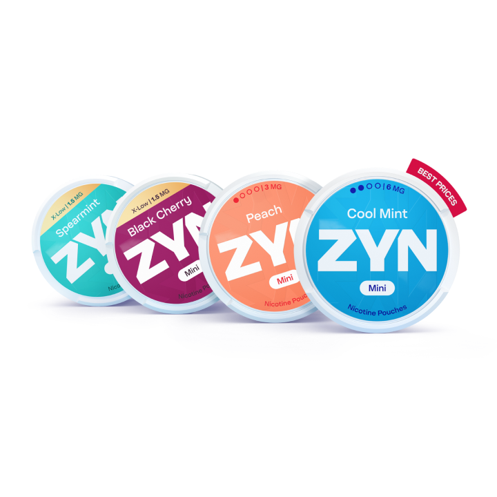 Four closed ZYN cans (light blue Spearmint, red Black Cherry, orange peach,  blue Cool Mint) Mini