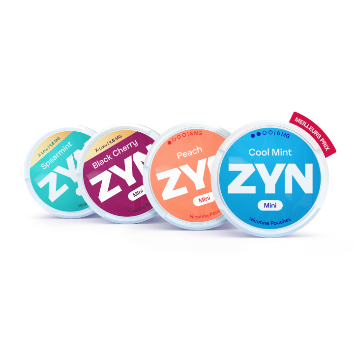 Quatre boîtes ZYN Mini fermées (Spearmint bleu clair, Black Cherry rouge, Peach orange, Cool Mint bleu)