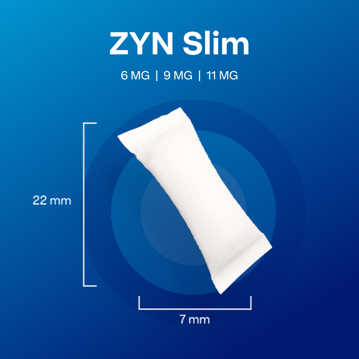 ZYN Slim nicotine pouch - size of 22 x 7 mm and 9, 11, 13.5 or 16.5 mg - rich flavour and slim format