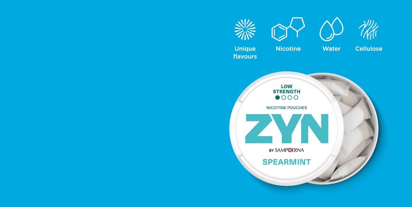 ZYN ingredients infographic: flavours, nicotine, water, cellulose