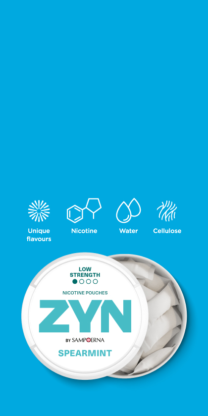 ZYN ingredients infographic: flavours, nicotine, water, cellulose