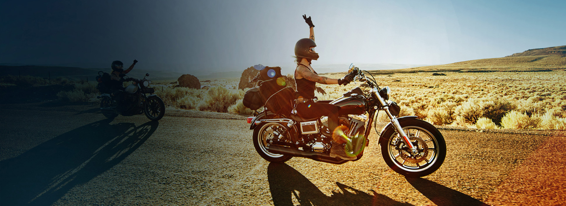 Two people on motorbikes on the road. Overlay with a light blue ZYN Cool Mint can.