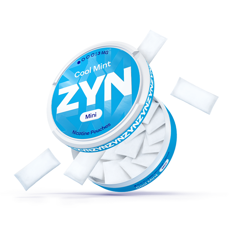 Open blue ZYN Cool Mint can with ZYN logo in the background