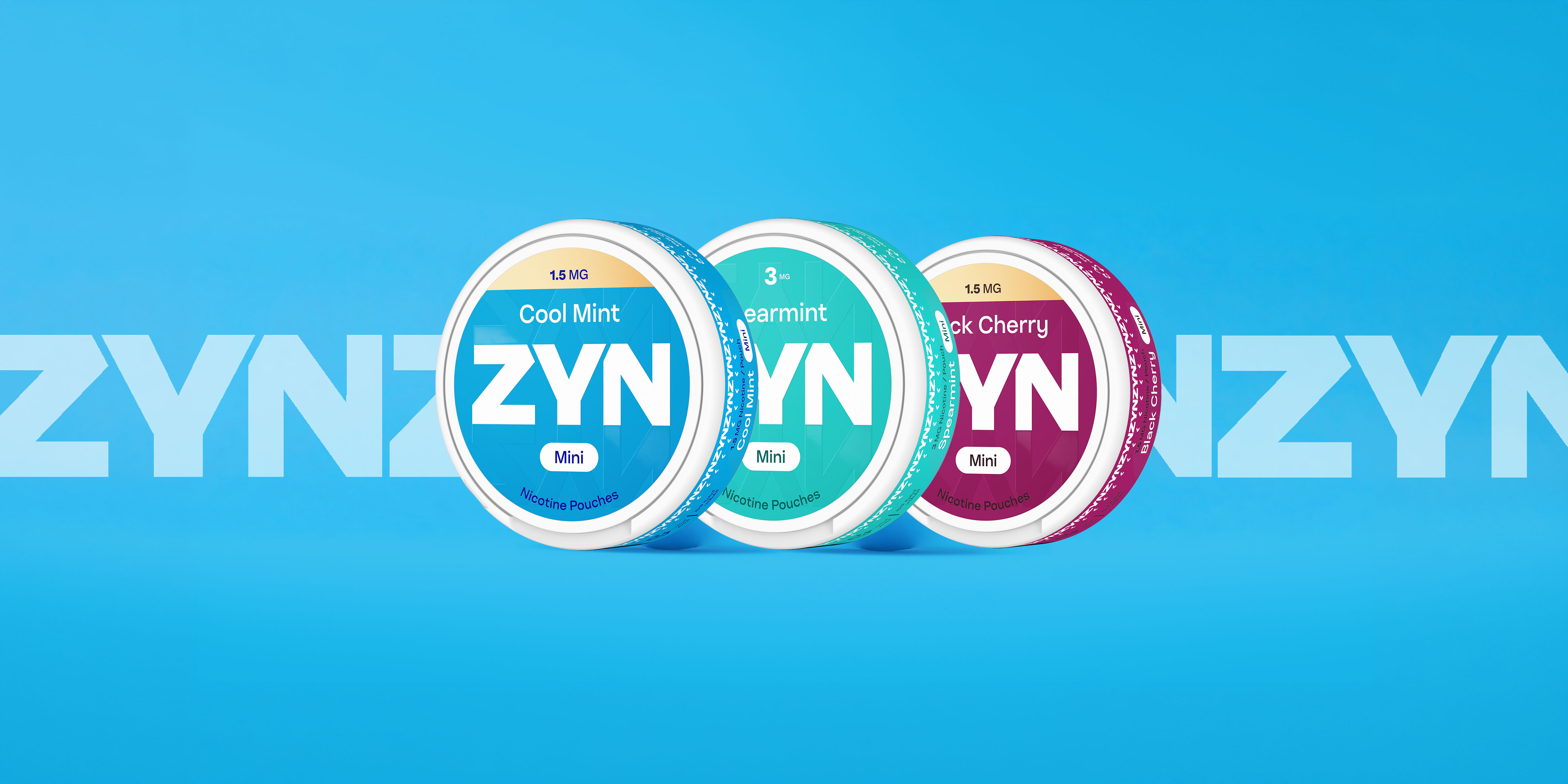 Cans of ZYN Mini nicotine pouches in X-Low in various flavors displayed on a blue background.