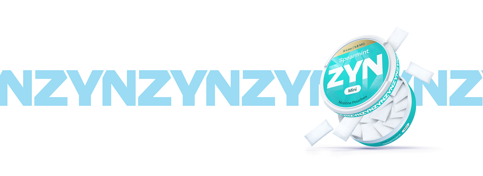 une boîte de ZYN Spearmint bleu clair avec le logo ZYN en arrière-plan