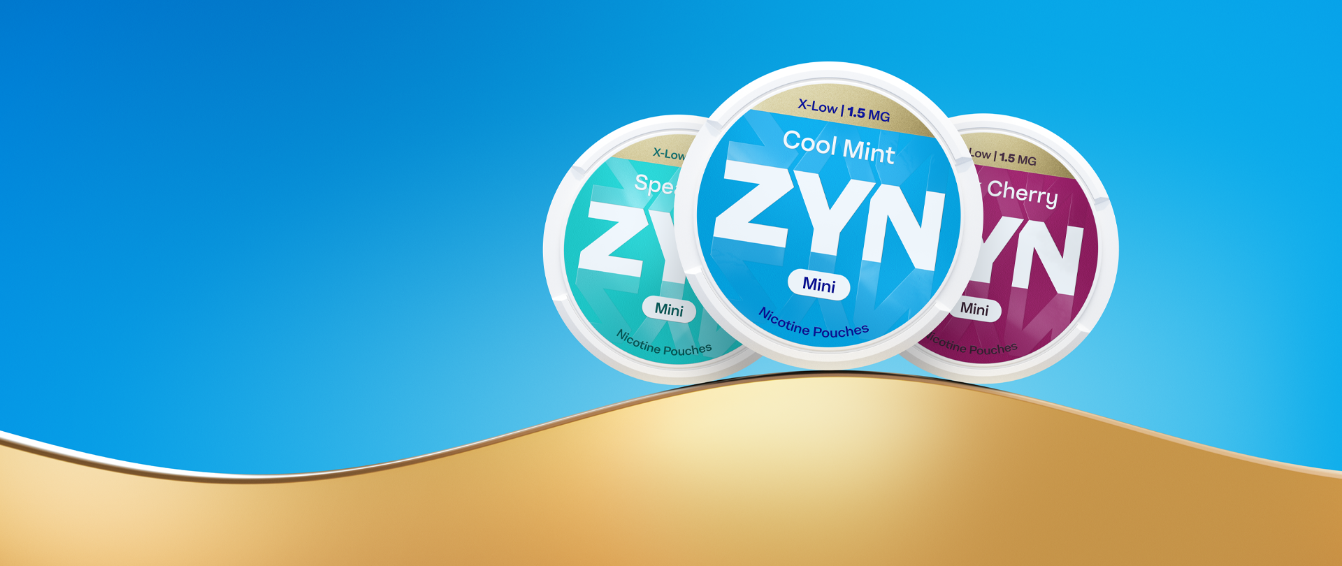 Blue ZYN Cool Mint X-Low can, green Speatmint X-Low can and red Black Cherry X-Low can on the golden curve