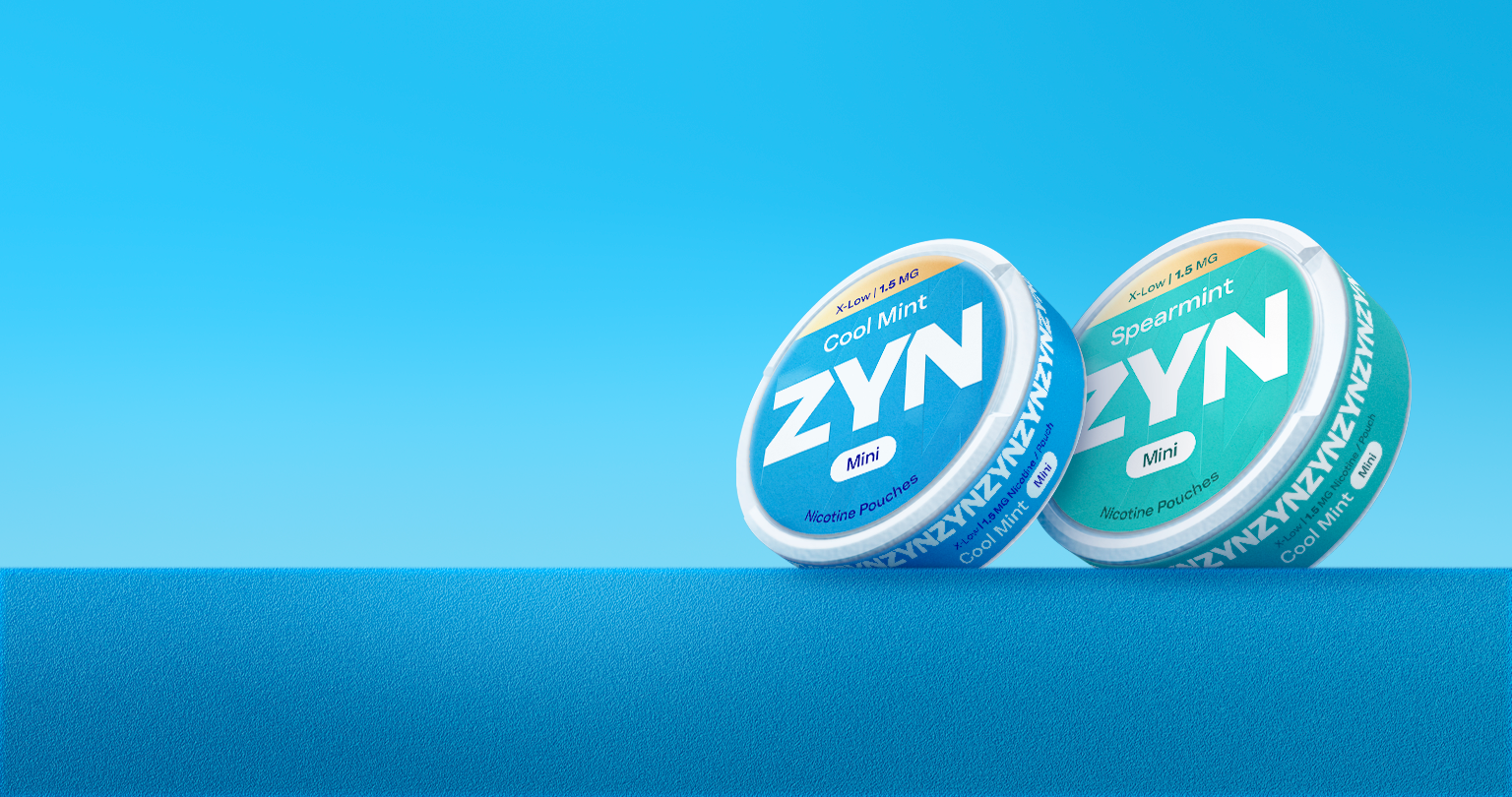Two people on motorbikes on the road. Overlay with a light blue ZYN Cool Mint can.