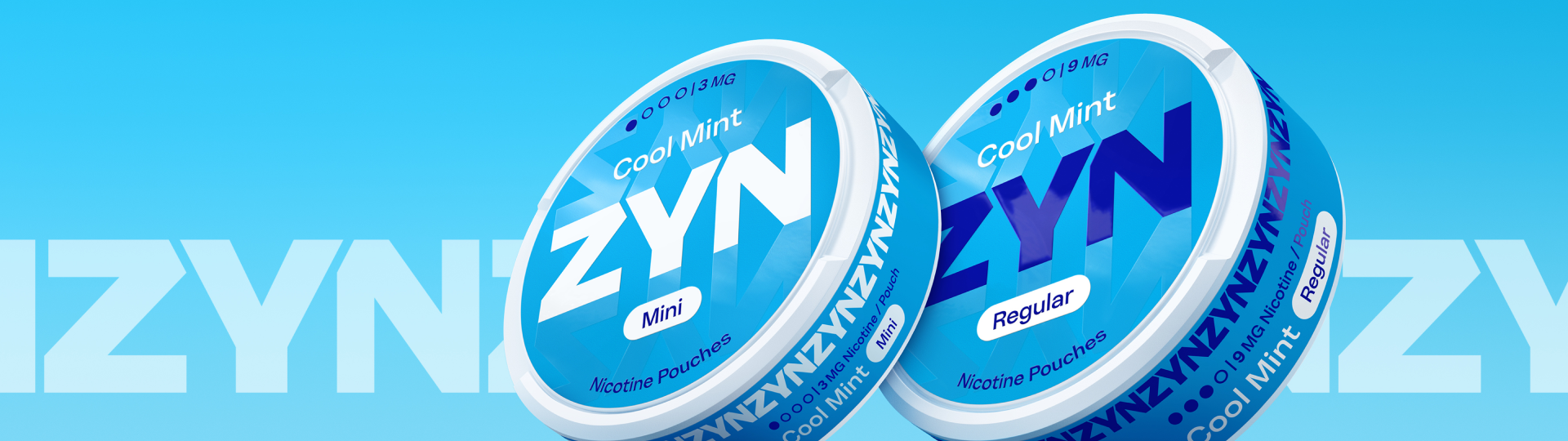 Krabičky ZYN Cool Mint v dvoch intenzitách na modrom pozadí.