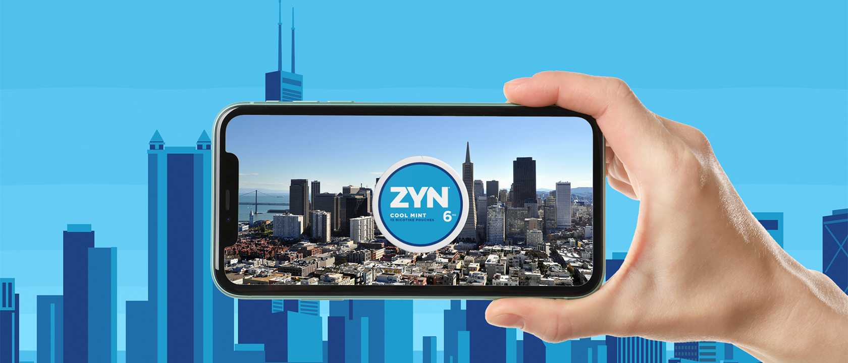 ZYN can over a picture of the city view on the smartphone screen