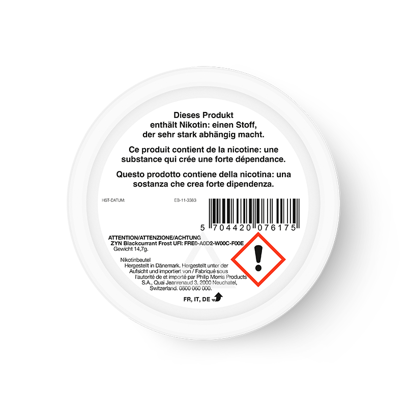ZYN Blackcurrant Frost viola 11 mg, vista dal retro 1