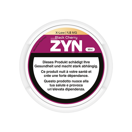Scatola ZYN Black Cherry rossa Mini 1,5 mg, vista dall’alto