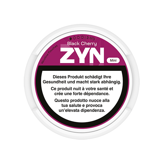 Scatola ZYN Black Cherry rossa Mini 3 mg, vista dall’alto
