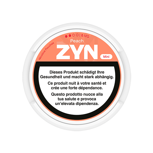 Scatola ZYN Peach arancione Mini 6 mg, vista dall’alto