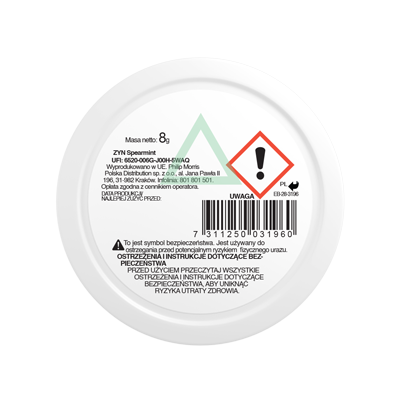 Spód opakowania saszetek nikotynowych ZYN Spearmint 1.5 mg Mini z widocznym kodem kreskowym i ostrzeżeniami 5