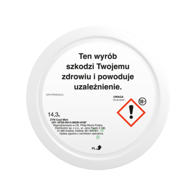 Sp&oacute;d opakowania saszetek nikotynowych ZYN Cool Mint 11 mg Slim z widocznym kodem kreskowym i ostrzeżeniami 5
