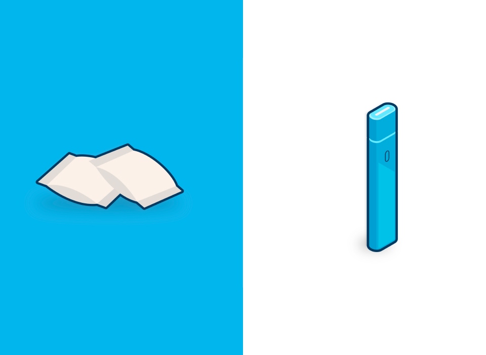 Grafika przedstawiająca ikony woreczków nikotynowych oraz e-papierosa