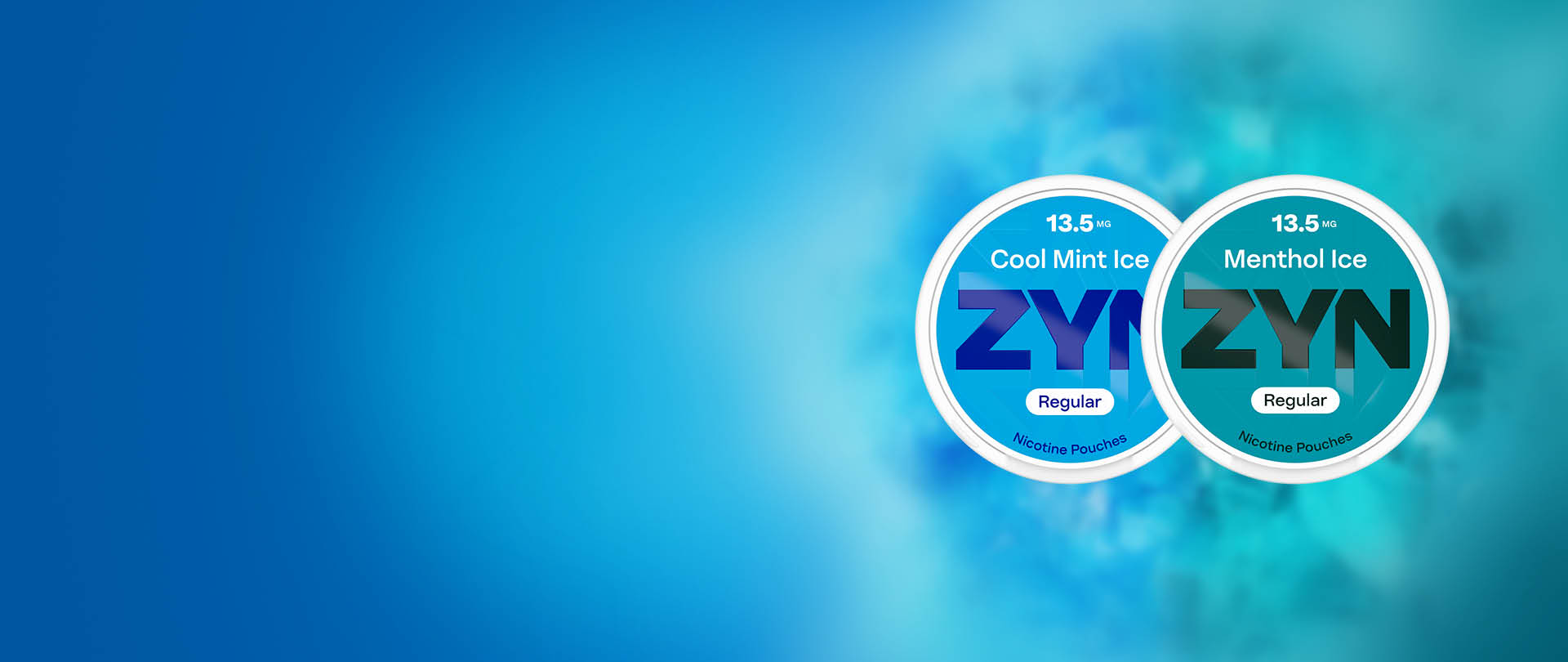 Saszetki nikotynowe ZYN 13.5 mg Menthol Ice i Cool Mint Ice na niebiesko-turkusowym tle​