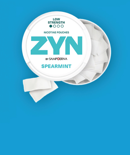 ZYN COOL MINT - an open, light blue nicotine pouch can with 2 pouches next to it