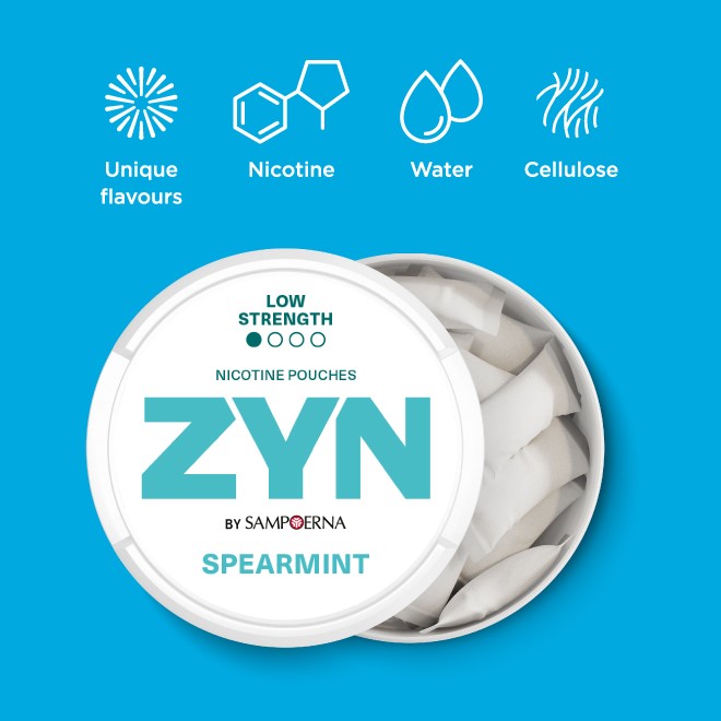 ZYN ingredients infographic: flavours, nicotine, water, cellulose