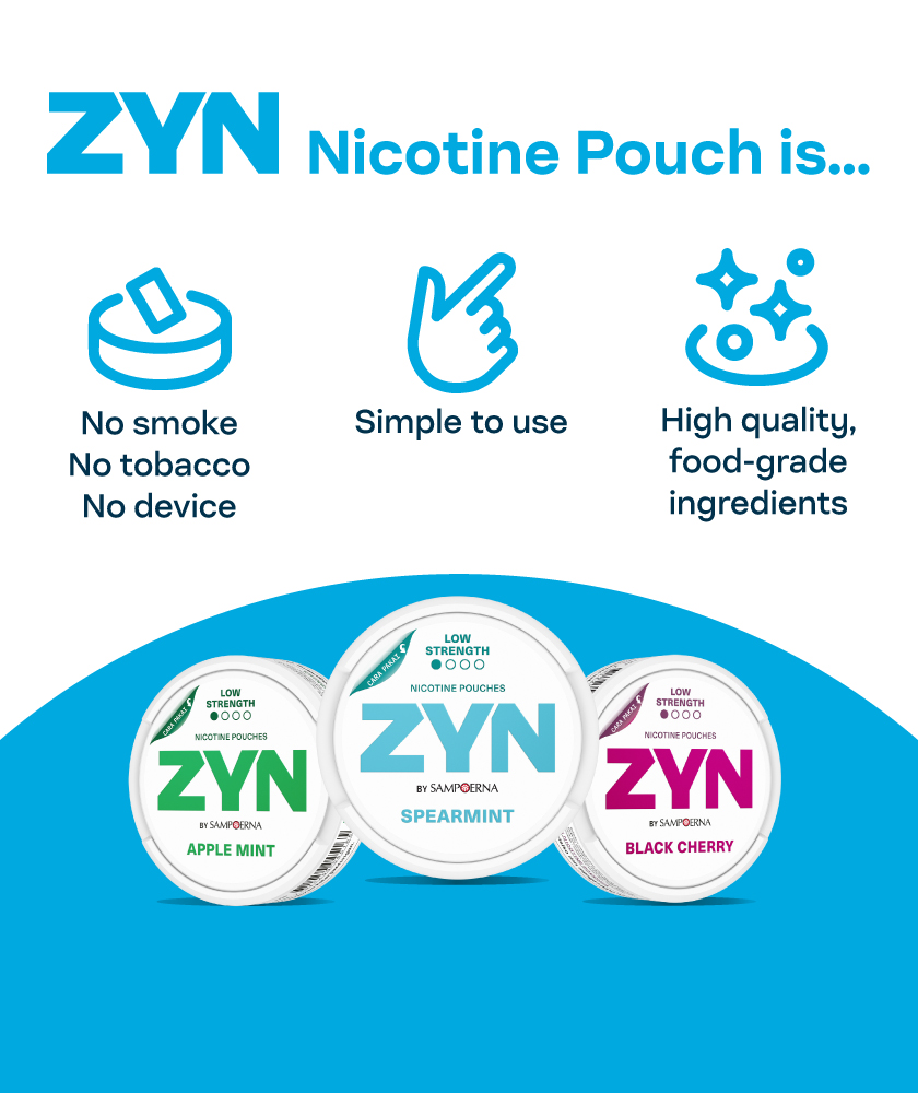ZYN COOL MINT - an open, light blue nicotine pouch can with 2 pouches next to it